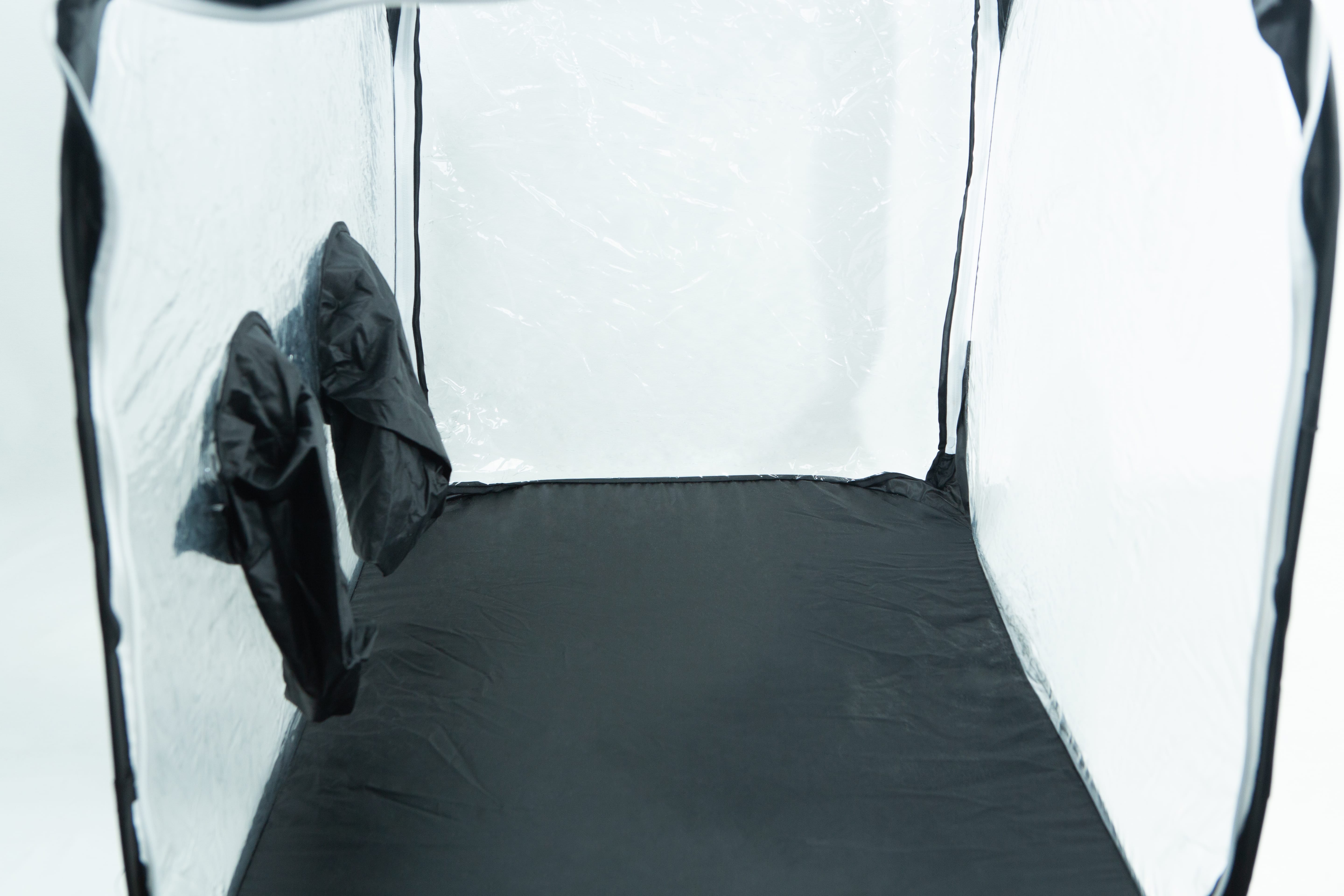 Still Air Box (SAB)| Mushroom | Large | Pop up 5 Interior of an empty grow tent with reflective walls and two vents on the left side.