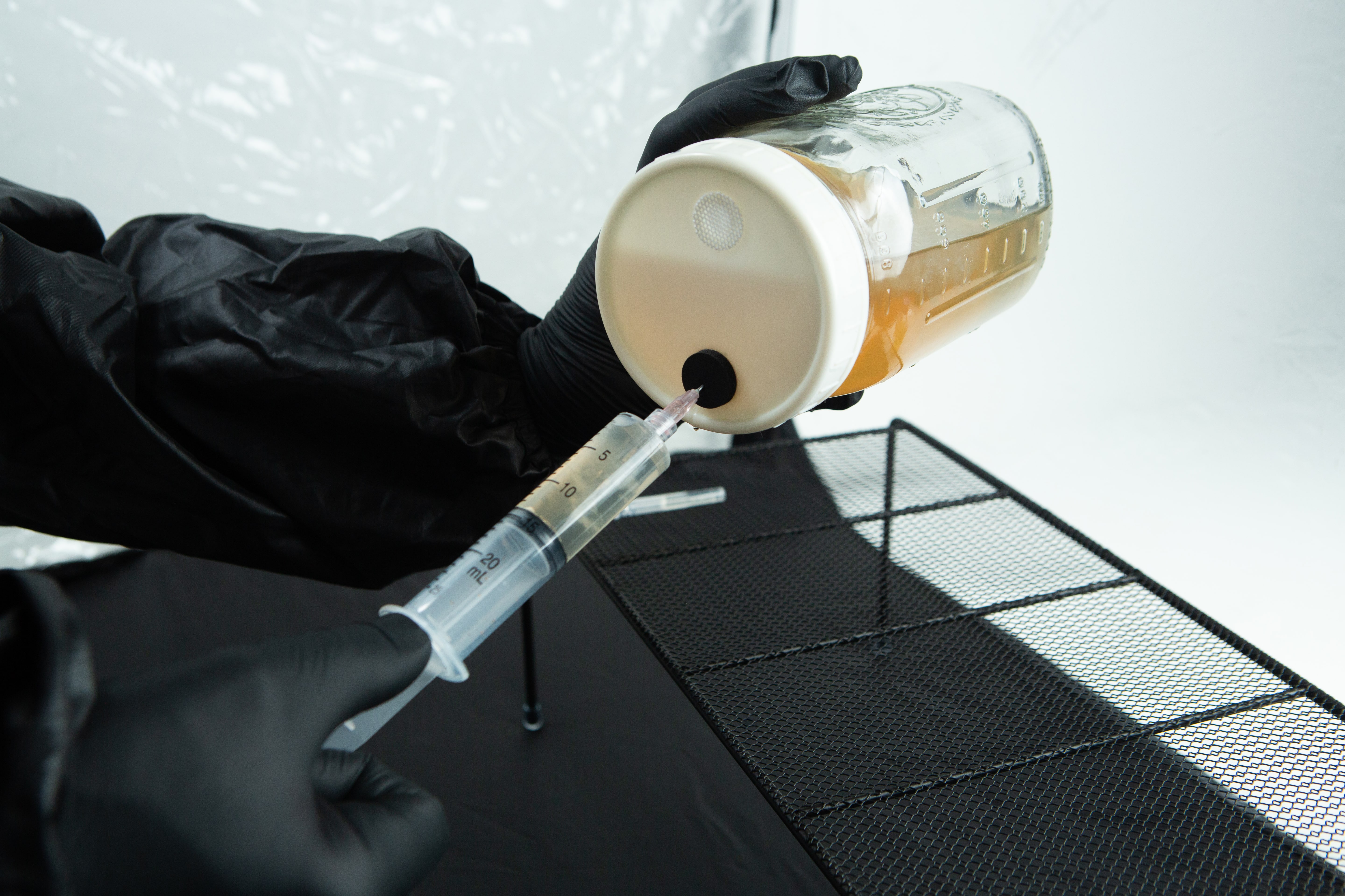 Still Air Box (SAB)| Mushroom | Large | Pop up 9 Gloved hands draw liquid from a glass jar with a syringe through a rubber port in the lid.