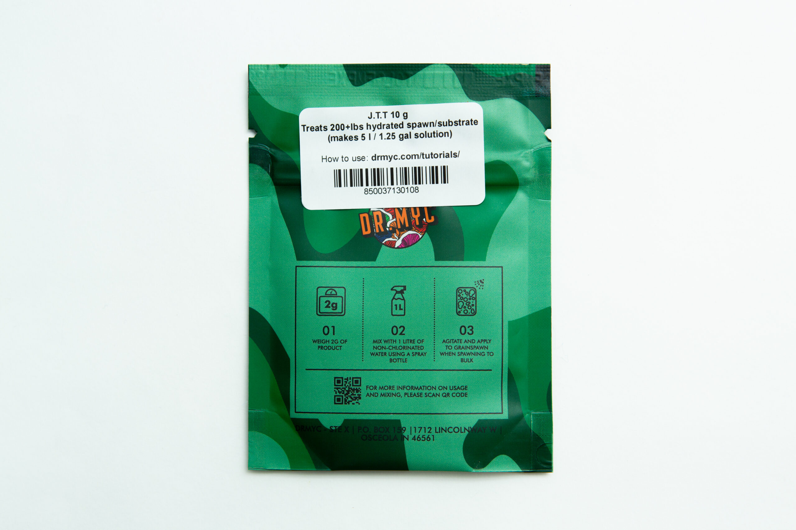 DRMyc Just-the-Trich - For Substrate Vitality 2 Green packet labelled “DRMyc Adaptive Liquid Culture Premix” with instructions for treating 20+ lbs hydrated substrate; barcode at top. Ideal for use alone or with Adaptive Liquid Culture.