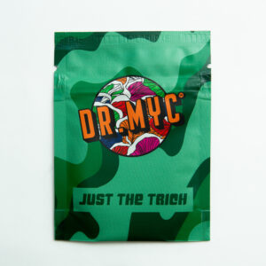 Green camo pouch labelled DR. MYC with colourful mushrooms and "JUST THE TRICH" at the bottom, featuring DRMyc Adaptive Liquid Culture Premix for your growing needs.