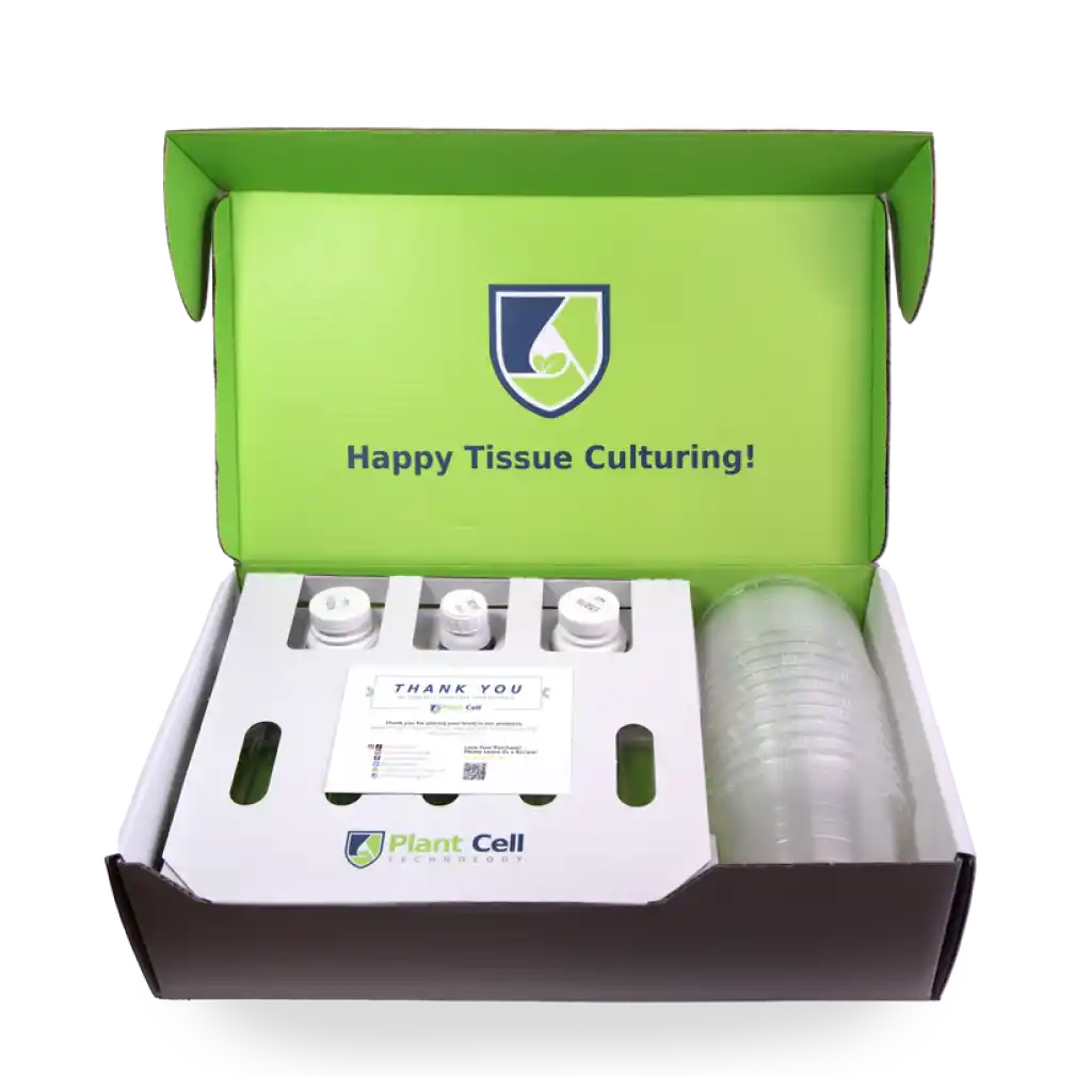 The Plant Cell Tissue Culture Starter Kit includes jars, petri dishes, and a thank you card, all packaged in a green Plant Cell box.