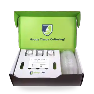 The Plant Cell Tissue Culture Starter Kit includes jars, petri dishes, and a thank you card, all packaged in a green Plant Cell box.