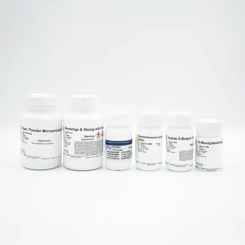 Plant Cell Tissue Culture Starter Kit 4 The Plant Cell Tissue Culture Starter Kit includes six labelled white laboratory bottles, arranged in a row on a plain white background—perfect for tissue culture or as part of a plant cell starter kit.