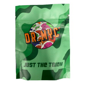 Green camouflage bag labelled "DRMyc Just-the-Trich – For Substrate Vitality" features colourful mushroom art and the phrase "JUST THE TRICH" at the bottom.