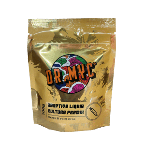 Gold pouch labelled DRMyc Adaptive Liquid Culture Premix, 100g, makes 21 pints of liquid culture, features a colourful logo.