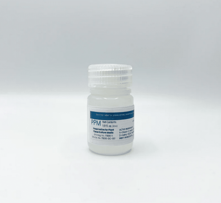 Plant Cell Plant Preservative Mixture (PPM™) 2 A small white plastic bottle of Plant Cell Plant Preservative Mixture (PPM™) with a blue and white label, set against a plain light background.