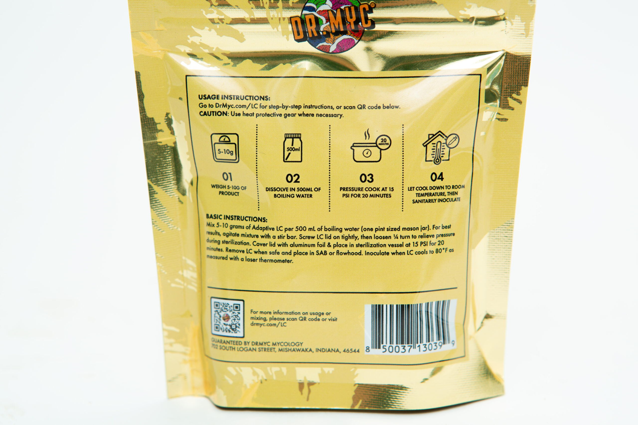 DRMyc Adaptive Liquid Culture Premix 2 Gold packet of DRMyc Adaptive Liquid Culture Premix includes mixing instructions, illustrations, a QR code, and guidance for preparing Adaptive Liquid Culture.