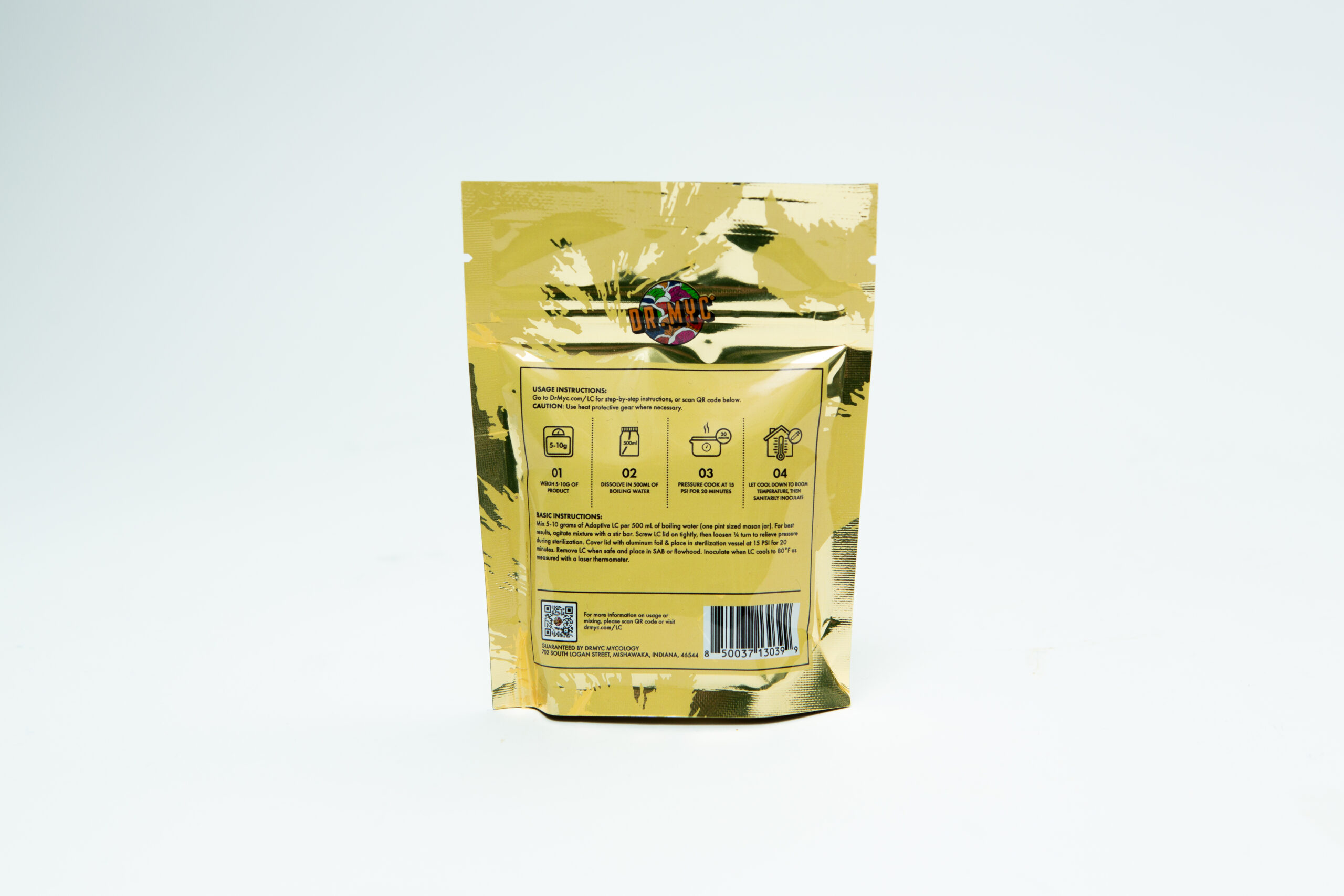 DRMyc Adaptive Liquid Culture Premix 3 Shiny gold pouch of DRMyc Adaptive Liquid Culture Premix, showing preparation instructions, QR code, and product details on the back, set against a white background.