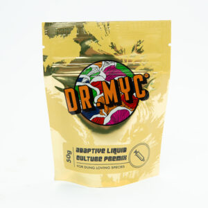 DRMyc Adaptive Liquid Culture Premix, 50g pouch with colourful logo and text, ideal for dung-loving species.