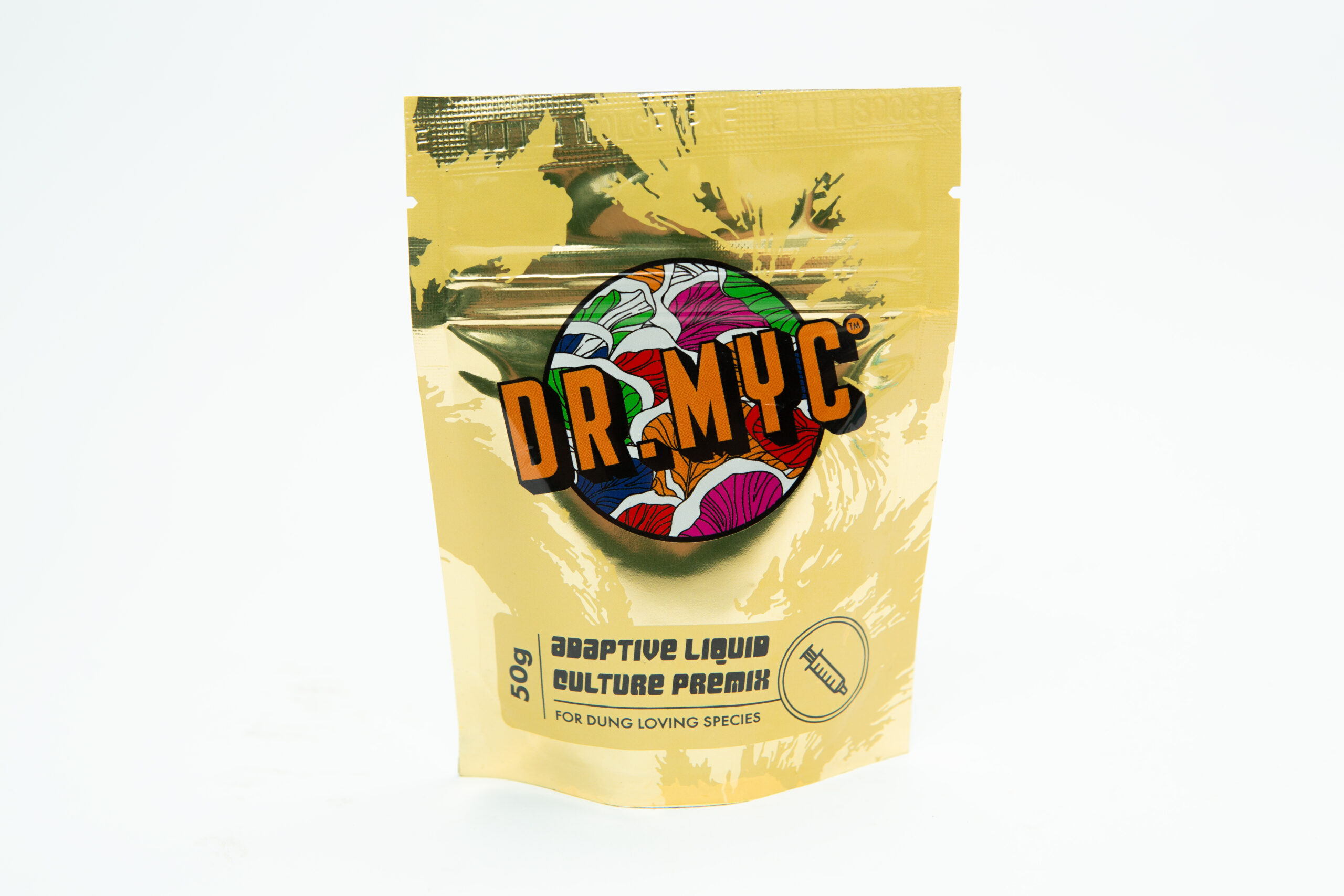 DRMyc Adaptive Liquid Culture Premix 1 DRMyc Adaptive Liquid Culture Premix, 50g pouch with colourful logo and text, ideal for dung-loving species.
