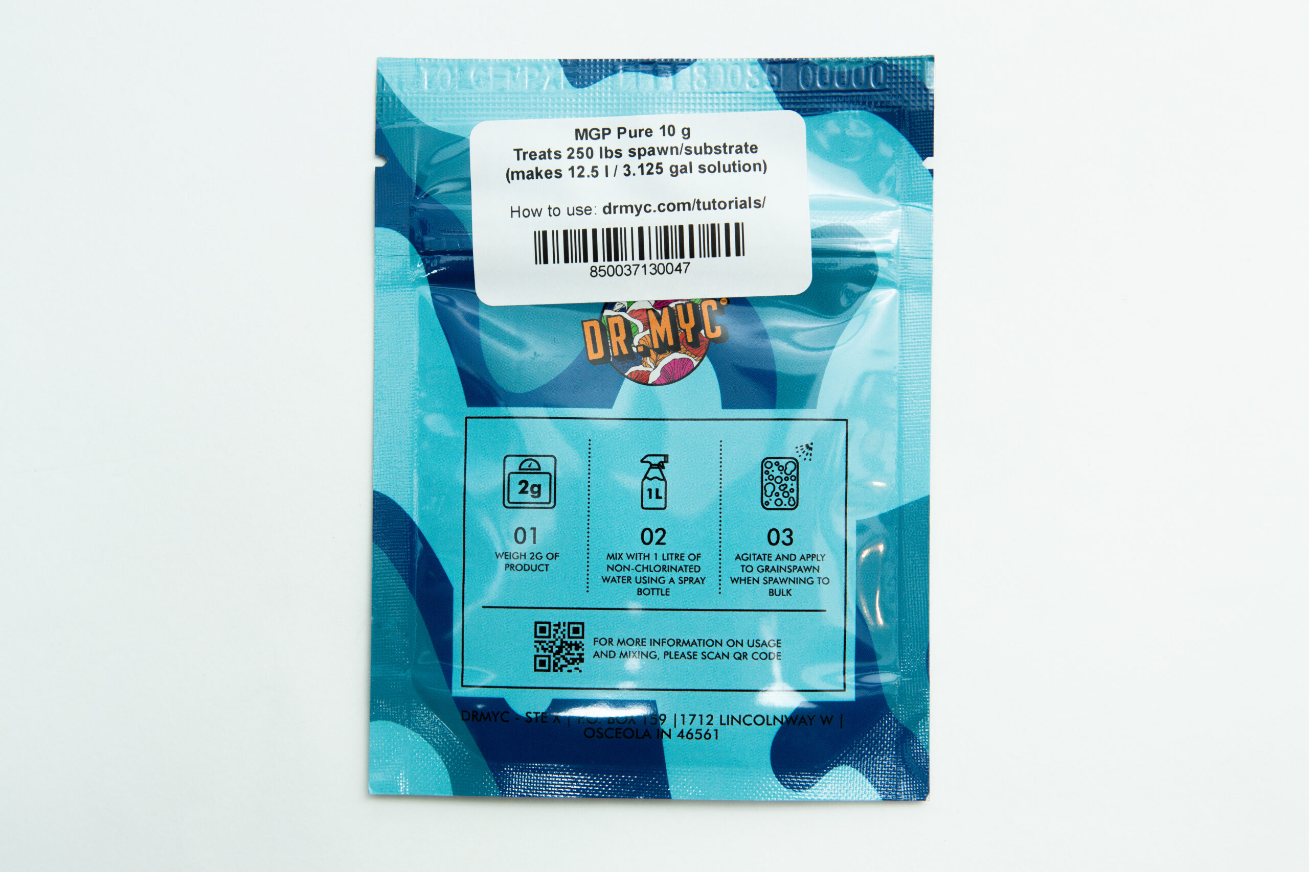 DRMyc MGP Pure - Gourmet/Medicinal Mushroom Growth Promoter 2 A DRMyc Adaptive Liquid Culture Premix in blue, featuring instructions and a barcode label on top, designed for easy use.