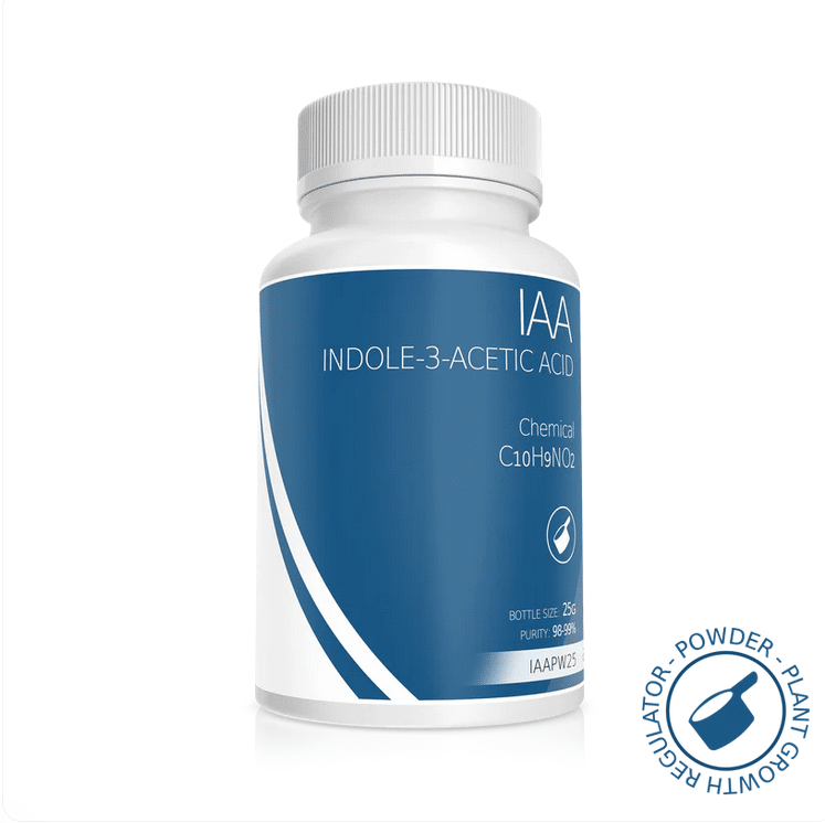 Plant Cell Indole-3-Acetic Acid (IAA) Powder 1 White bottle labelled Plant Cell Indole-3-Acetic Acid (IAA) Powder, featuring a blue and white design and a growth regulator seal.