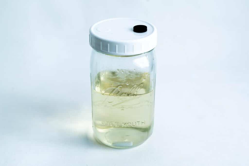 A glass Kilner jar with a white lid, filled halfway with a clear liquid, as seen in guides on how to make MEA mix in the microwave, sits on a white background.