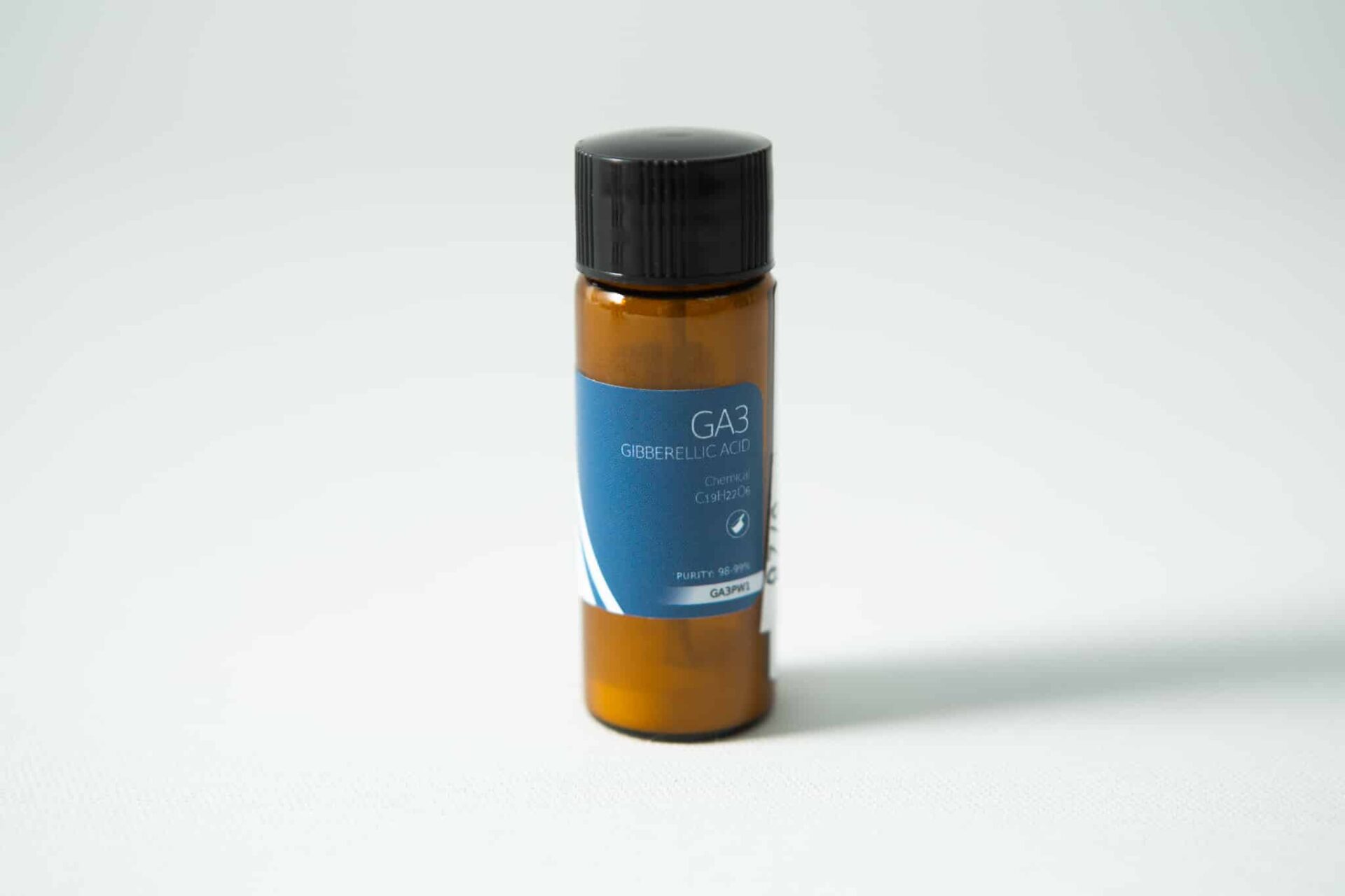 Plant Cell Gibberellic Acid (GA3) Powder 1 A small brown bottle with a blue label reading "Plant Cell Gibberellic Acid (GA3) Powder" sits on a white surface.
