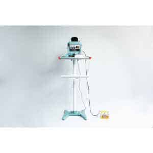 Home 14 The Vertical Foot Heat Sealer VHVD 450mm Double 10mm by Venus is a standing industrial machine with a control panel and yellow foot pedal, shown against a white background.