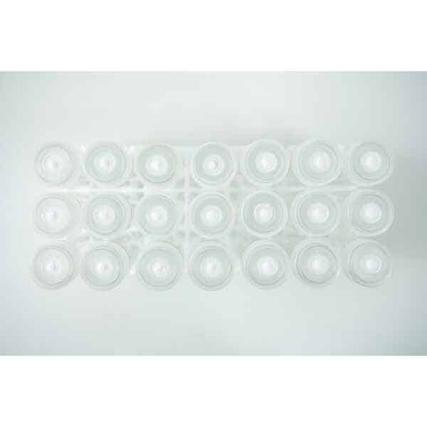 Top view of a rack holding 12 Plant Cell Vented Plant TC Test Tubes, arranged in rows on a white background.
