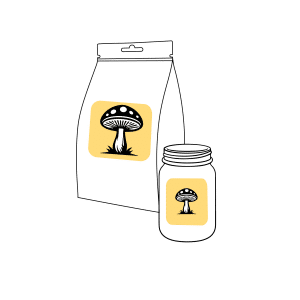 Simple line drawing of a bag and a jar, both labelled with a mushroom illustration on a yellow square background.