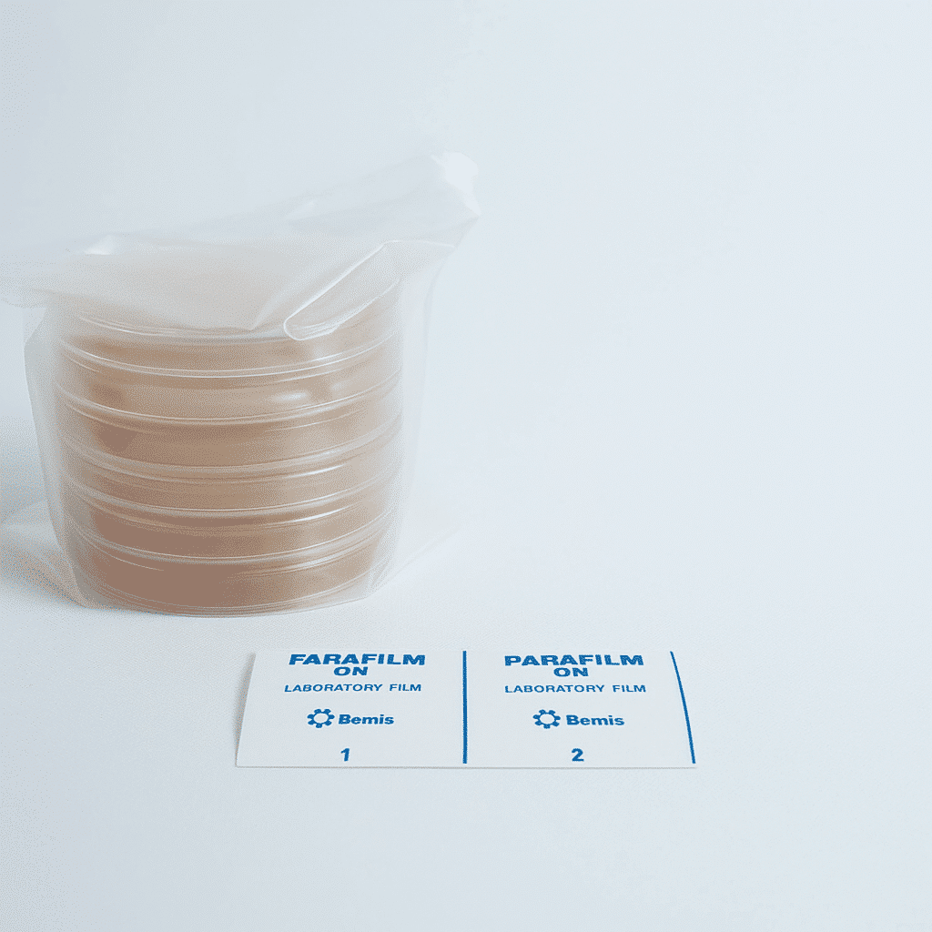 Pre poured MEAG Agar Plates (Antibacterial) 90mm 8 A stack of 5 MEA and 5 MEAG pre-poured 90mm agar plates, along with two Parafilm laboratory film labels, rest on a white surface.