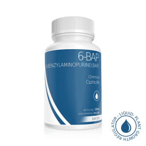 A white bottle labelled Plant Cell Benzylaminopurine (6-BAP) Solution 100ml, 1mg/1ml, with blue accents and a plant growth regulator logo in the corner.