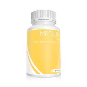 White bottle with a yellow label reading Plant Cell DKW Medium with Vitamins Powder.
