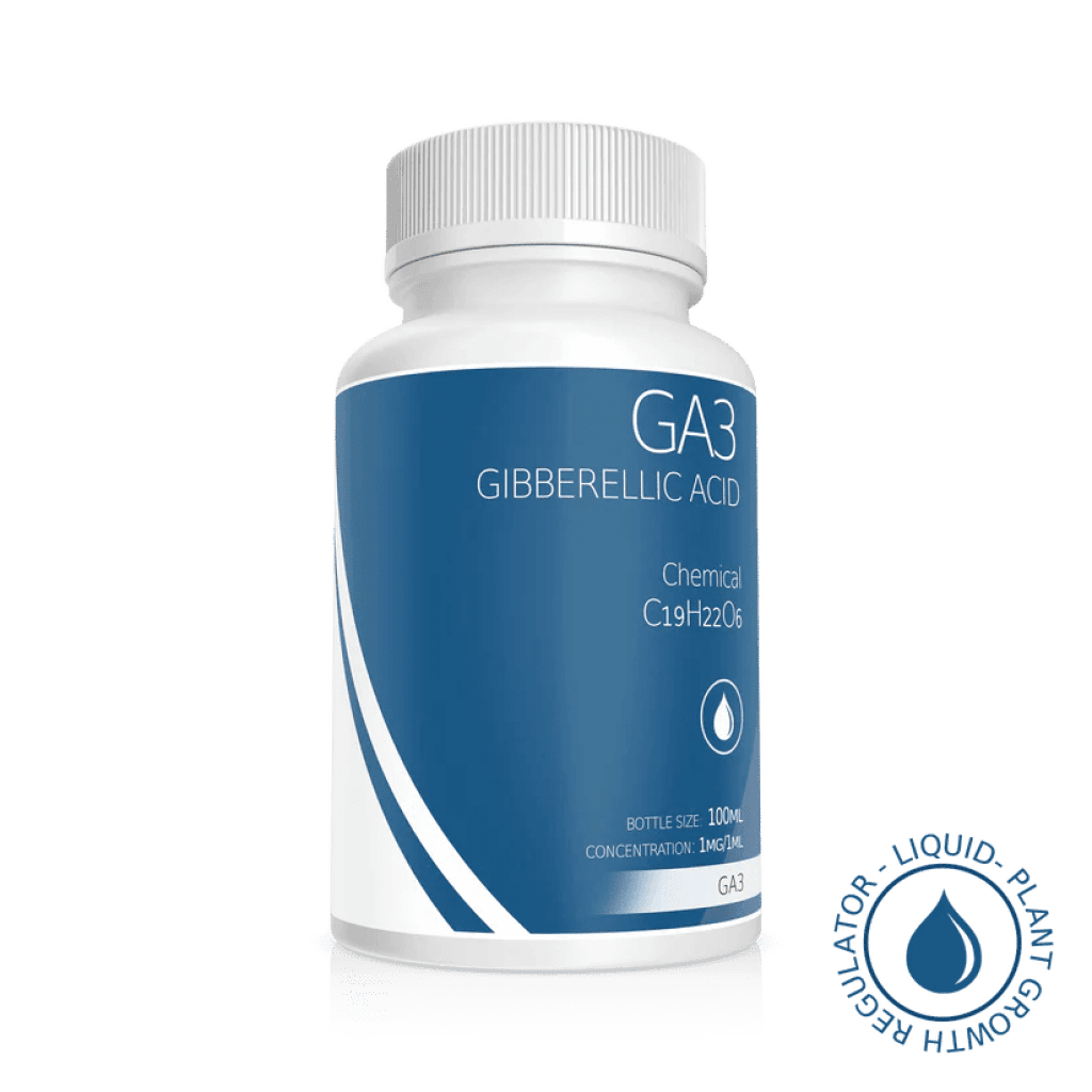 A white bottle labelled Plant Cell Gibberellic Acid (GA3) Solution 100ml 1mg/1ml, with plant growth regulator text and a blue water droplet icon.