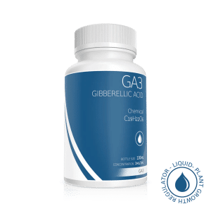 A white bottle labelled Plant Cell Gibberellic Acid (GA3) Solution 100ml 1mg/1ml, with plant growth regulator text and a blue water droplet icon.