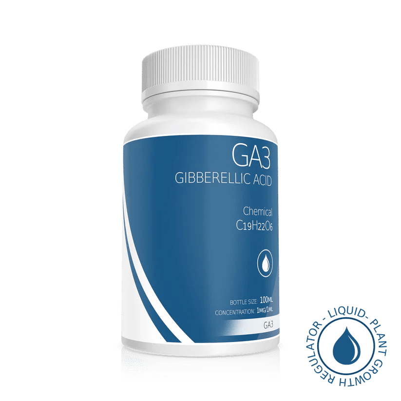 Plant Cell Gibberellic Acid (GA3) Solution | 100ml | 1mg/1ml 1 A white bottle labelled Plant Cell Gibberellic Acid (GA3) Solution 100ml 1mg/1ml, with plant growth regulator text and a blue water droplet icon.