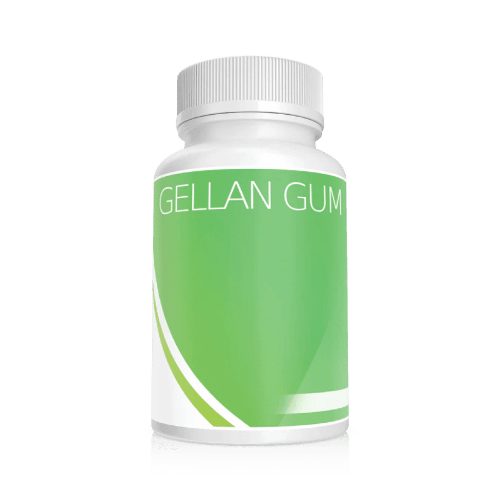 A white bottle with a green label that reads "Plant Cell Gellan Gum" on a plain light background.
