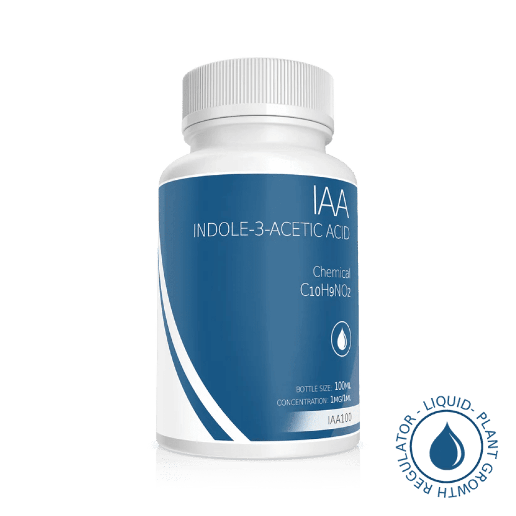 A white bottle labelled Plant Cell Indole-3-Acetic Acid (IAA) Solution, 100ml, 1mg/1ml, with blue accents and a plant growth regulator seal.