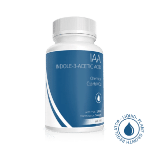 A white bottle labelled Plant Cell Indole-3-Acetic Acid (IAA) Solution, 100ml, 1mg/1ml, with blue accents and a plant growth regulator seal.