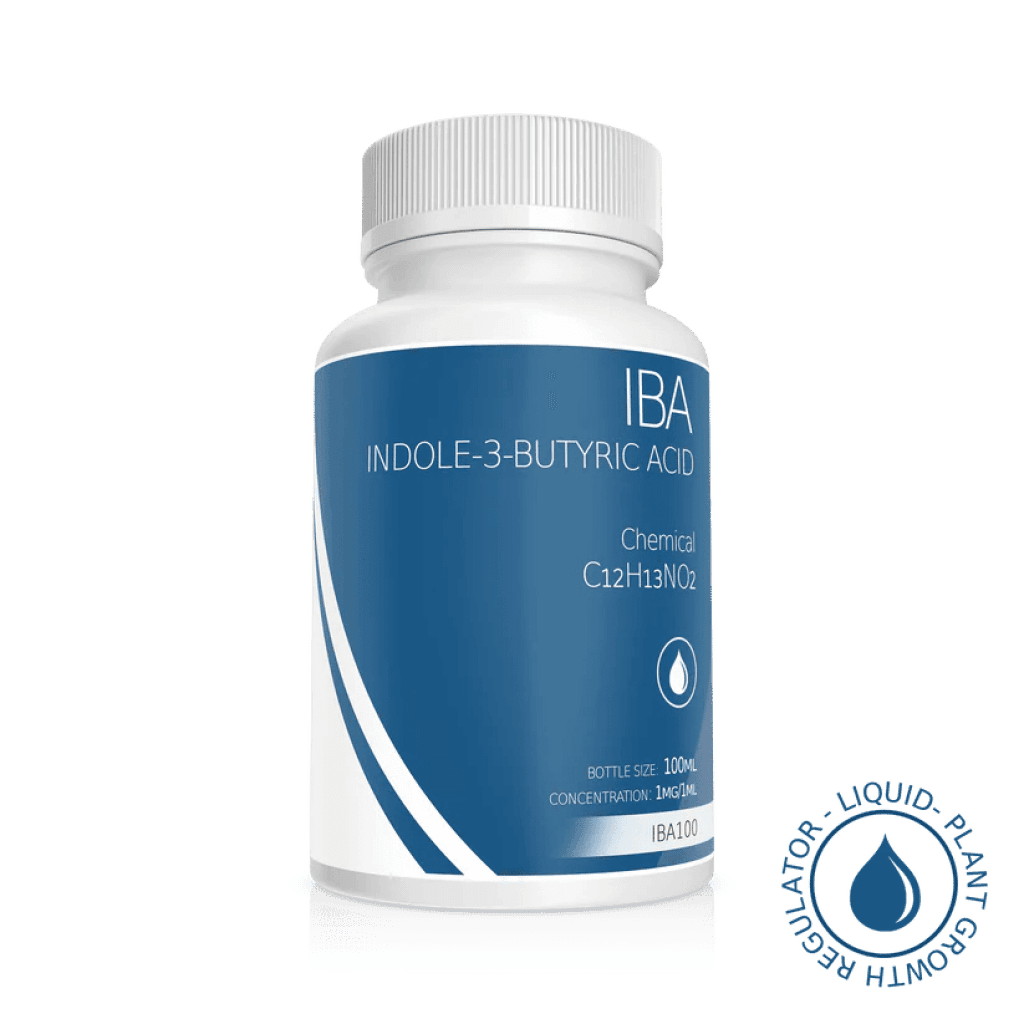 A white and blue bottle labelled Plant Cell Indole-3-Butyric Acid (IBA) Solution, 100ml, 1mg/1ml, featuring a plant growth regulator symbol.