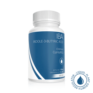 A white and blue bottle labelled Plant Cell Indole-3-Butyric Acid (IBA) Solution, 100ml, 1mg/1ml, featuring a plant growth regulator symbol.