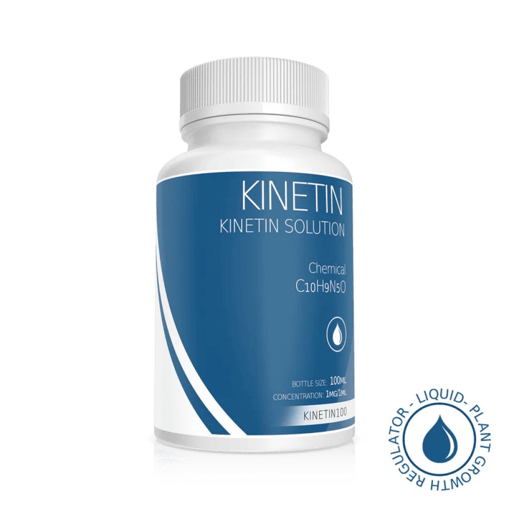 White bottle labelled "Plant Cell Kinetin Solution | 100ml | 1mg/1ml" with blue accents, used as a liquid plant growth regulator.