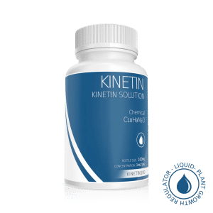 White bottle labelled "Plant Cell Kinetin Solution | 100ml | 1mg/1ml" with blue accents, used as a liquid plant growth regulator.