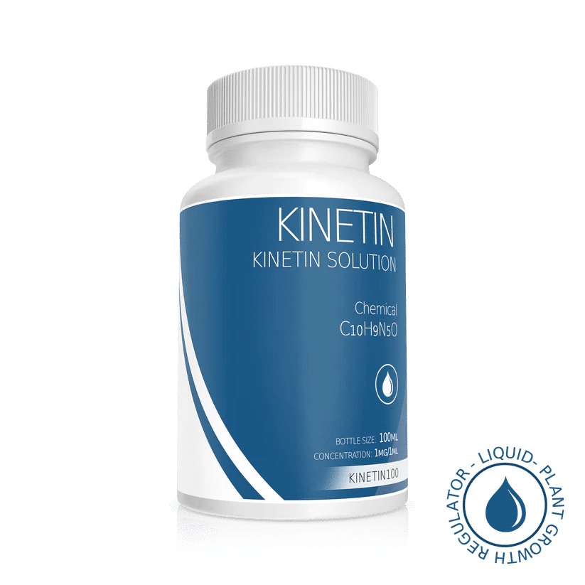 Plant Cell Kinetin Solution| 100ml | 1mg/1ml 1 White bottle labelled "Plant Cell Kinetin Solution | 100ml | 1mg/1ml" with blue accents, used as a liquid plant growth regulator.