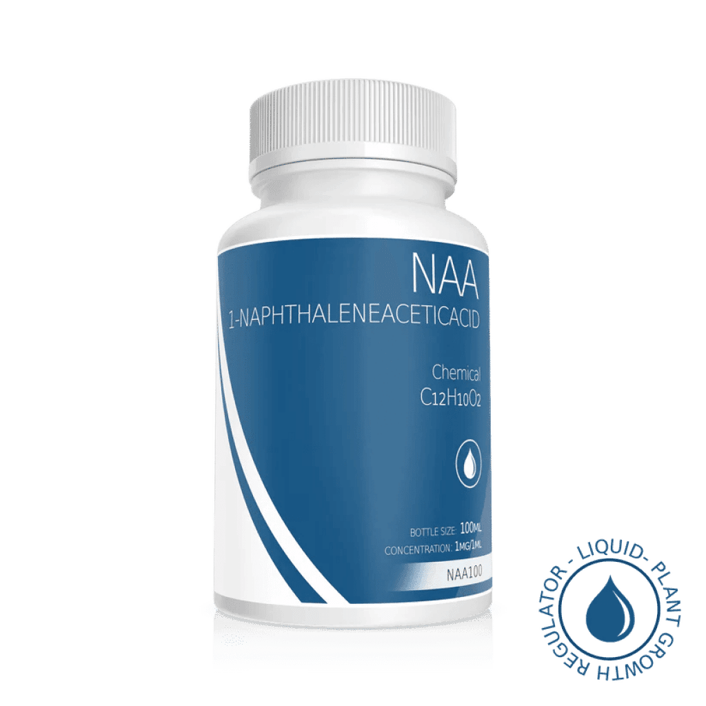 White bottle labelled Plant Cell Naphthaleneacetic Acid (NAA) Solution 100ml 1mg/1ml with blue accents and a growth regulator symbol.