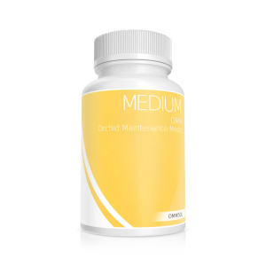 A white bottle labelled Plant Cell Orchid Maintenance Media features a yellow and white design on a plain background.