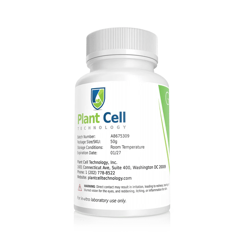 Plant Cell Gellan Gum 2 White bottle labelled Plant Cell Gellan Gum with contact details and a warning: for in-vitro laboratory use only.