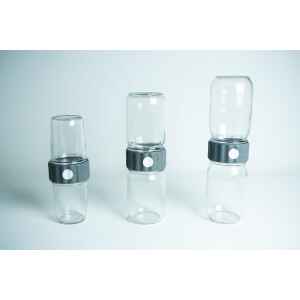 Three stacked pairs of Plant Cell Biocoupler™ Glass jars (454ml, 340ml, 227ml) joined by black lids with white buttons, arranged from left to right.