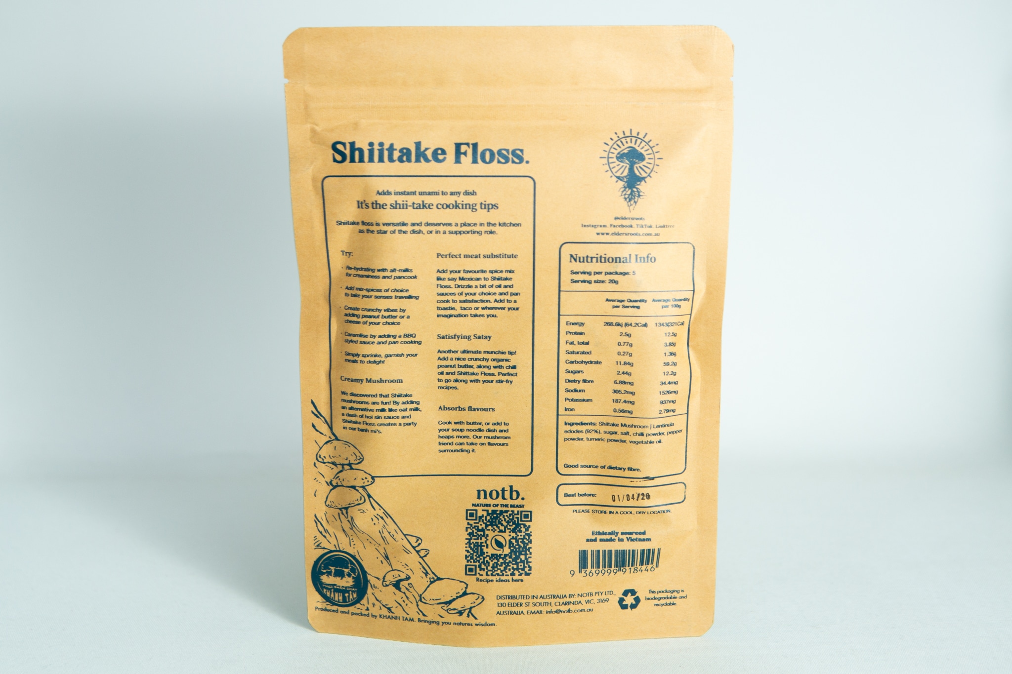 Shiitake Mushroom Floss | Vegan 2 A brown parcel labelled "Shiitake Mushroom Floss | Vegan" featuring product information, cooking tips, and nutritional facts on the reverse.