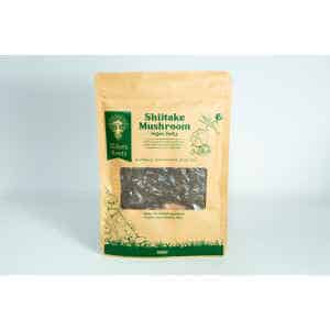 Home 18 A brown bag of Elders Roots Shiitake Mushroom Floss | Vegan with a clear window and green text on the front.