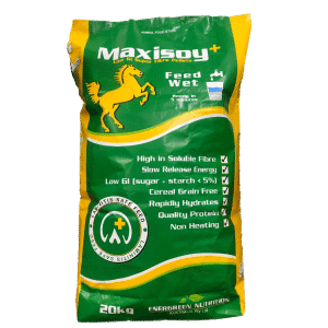 A 20kg Maxisoy Soya Hull Pellets Feed Wet bag for horses in yellow and green, featuring a horse graphic and product details.