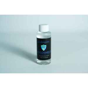 A small bottle labelled Long Needle Disinfectant Spray with a white cap on a light background.