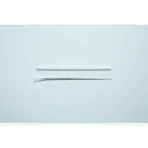 The Long Needle is a metal medical swab with a clear handle, shown beside a white plastic tube on a light background.