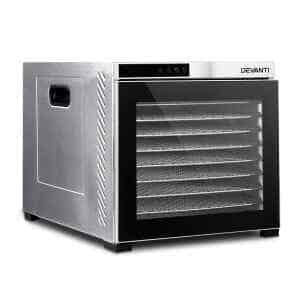 The Devanti 10 Trays Food Dehydrator Stainless Steel features a glass door and multiple mesh drying racks for efficient, even dehydration.