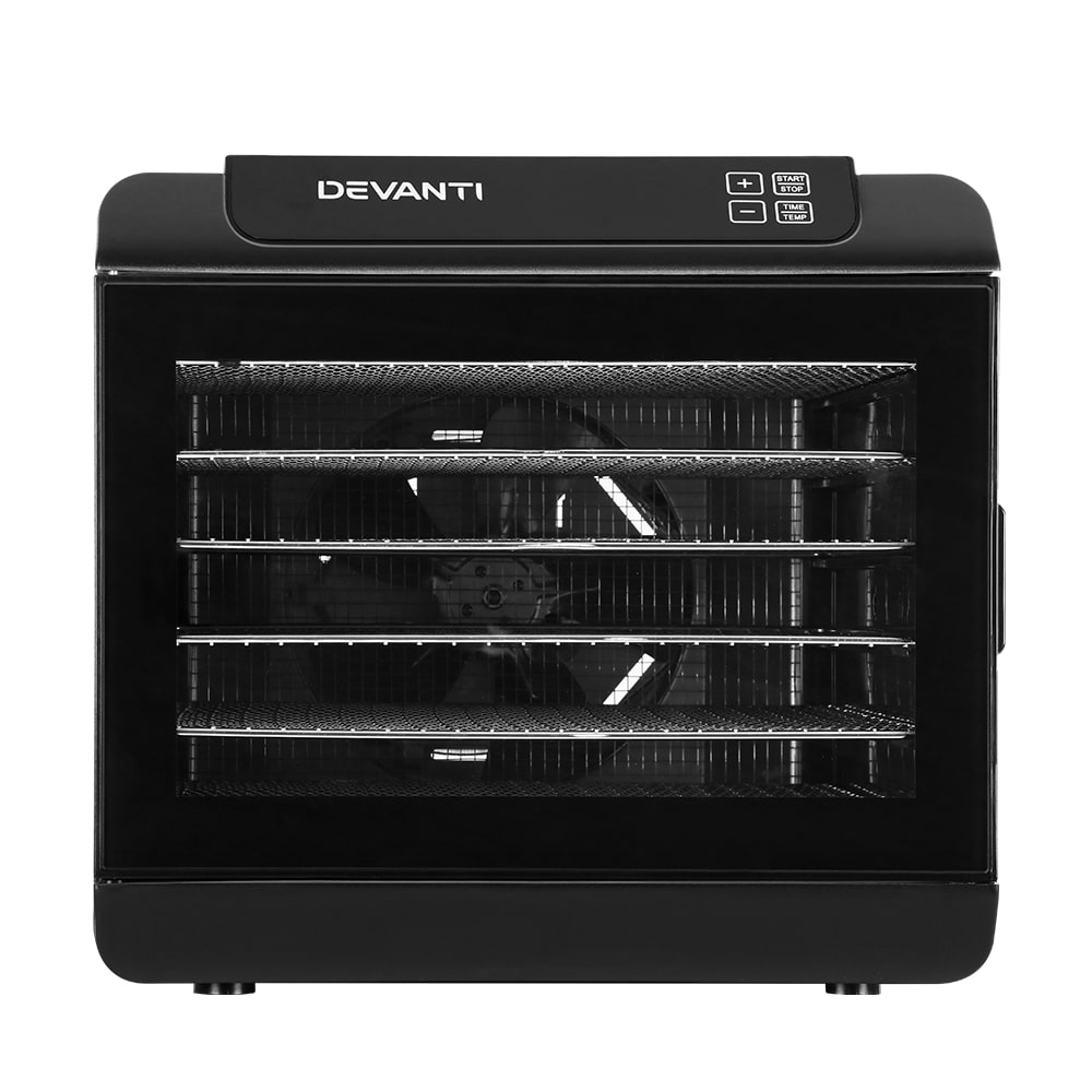 Devanti 6 Trays Food Dehydrator Stainless Steel Tray 2 The Devanti 6 Trays Food Dehydrator features six stainless steel trays and a digital control panel, shown here in black with a front view.
