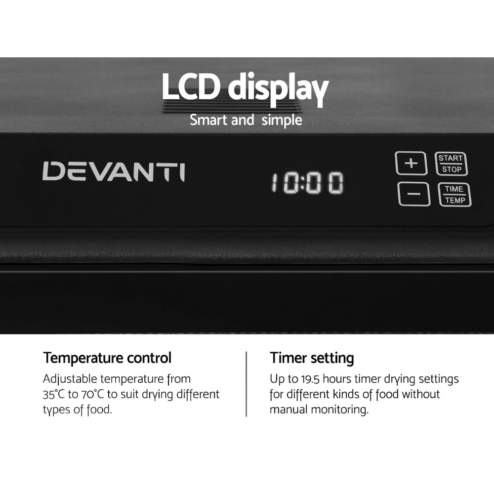 Devanti 6 Trays Food Dehydrator Stainless Steel Tray 3 Close-up of a Devanti 6 Trays Food Dehydrator LCD display, featuring time, control buttons, temperature/timer settings, and part of a stainless steel tray.