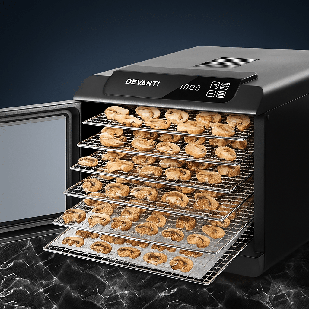 Devanti 6 Trays Food Dehydrator Stainless Steel Tray 1 The Devanti 6 Trays Food Dehydrator with stainless steel trays is shown drying sliced mushrooms on a sleek black marble surface.