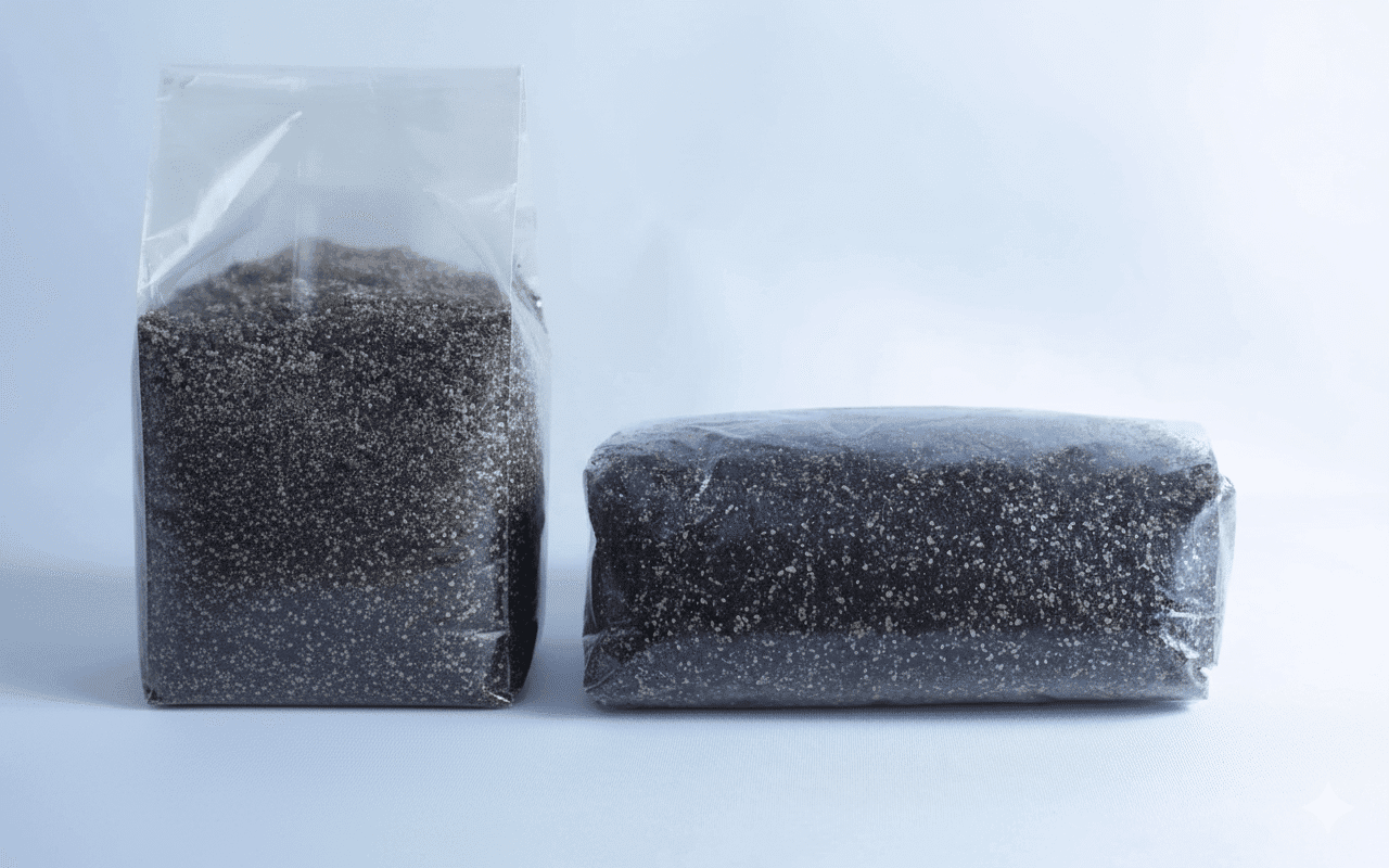 Two clear bags of Top Quality 2Kg CVG Monotub Mushroom Substrate with Top Casing Layer—perfect for use as a nutritious mushroom substrate or blending into your CVG monotub mix.
