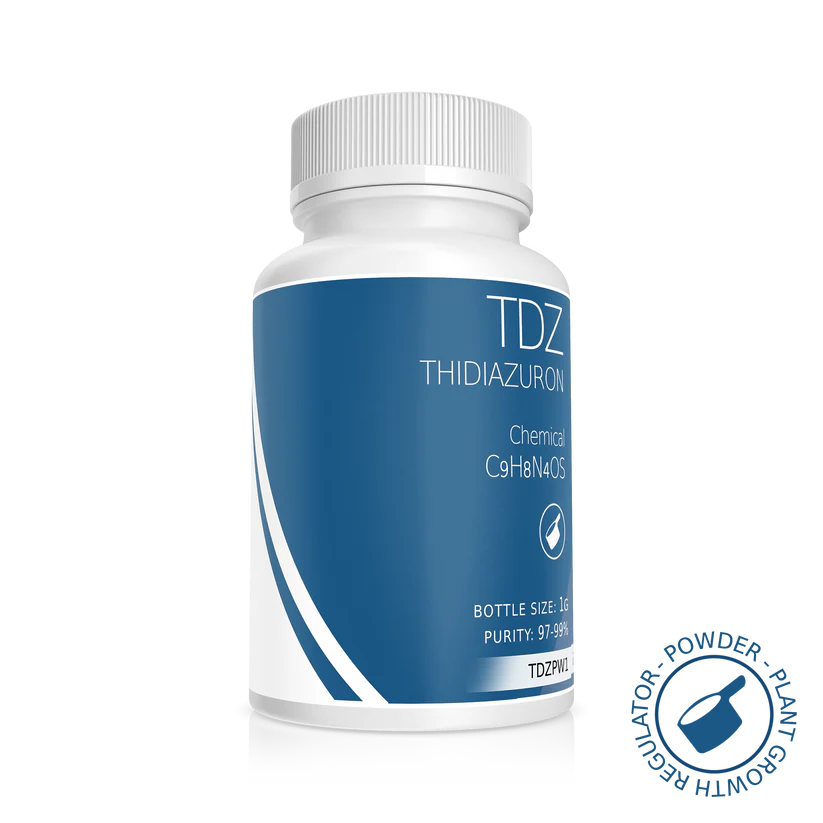 Plant Cell Thidiazuron (TDZ) 1 White bottle labelled "Thidiazuron (TDZ) 1g," a plant growth regulator, featuring chemical formula and purity info in a blue and white design.